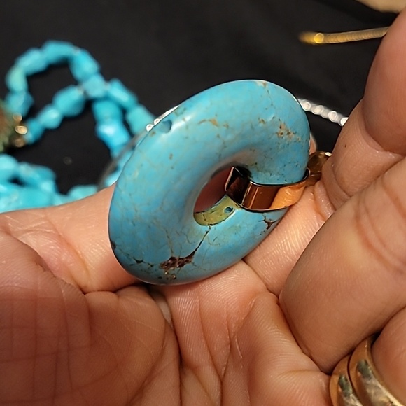 14k Vintage Huge  Turquoise and Gold Pendant Necklace - Picture 5 of 6